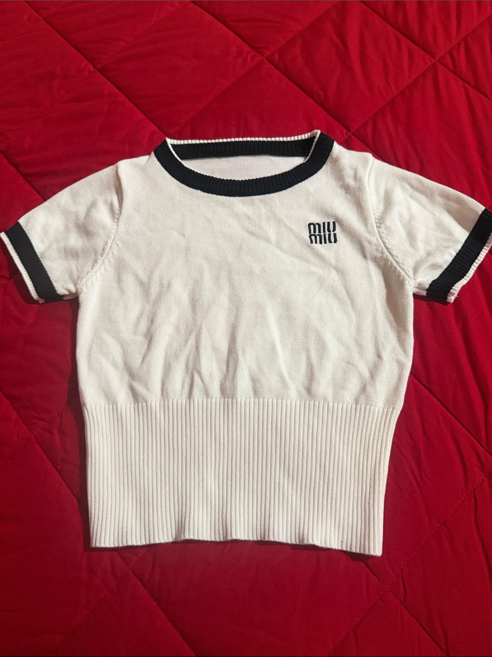 Miu Miu White Short-Sleeve Knit Top with Black Trim